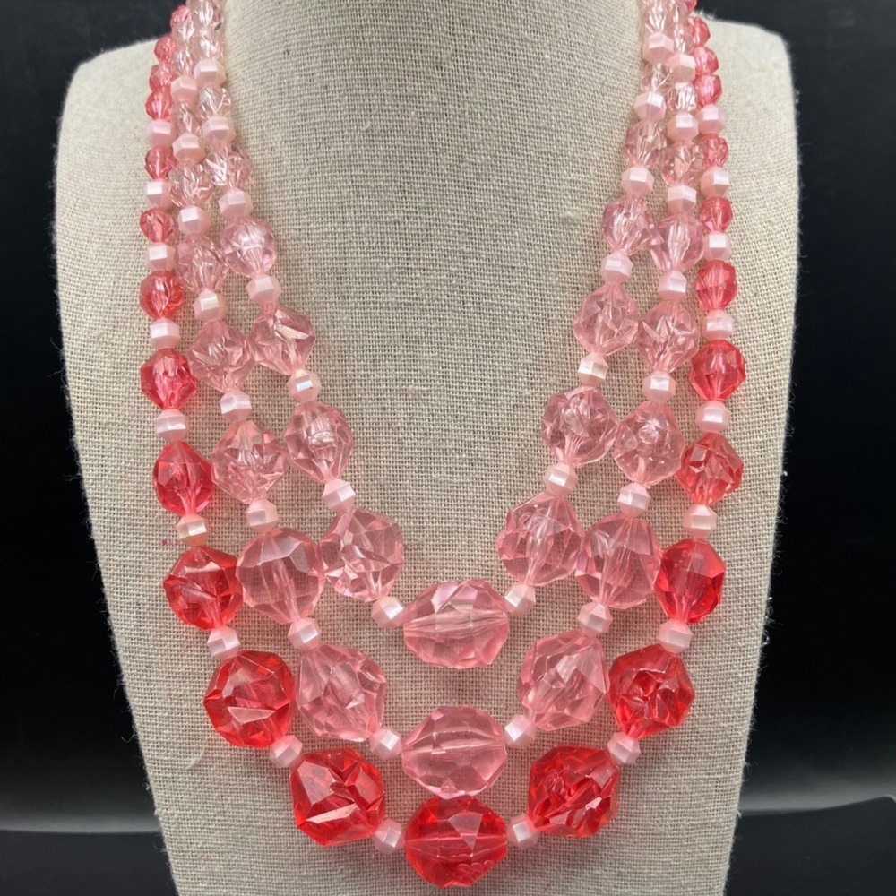 Two-Tone Pink 3 Strand Faceted Plastic Bead Necklace Mid Century Western Germany